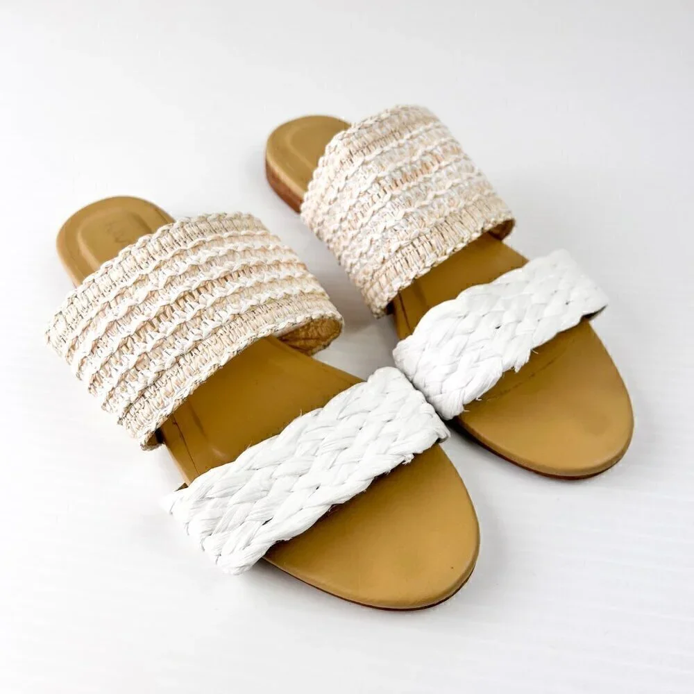 Kaanas Tahiti Slide Sandals Size 8 White Multi Handwoven Double Straps